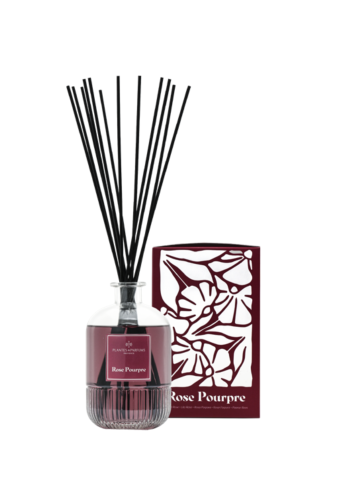 Szklany dyfuzor zapachowy Plantes&Parfums Purple Rose 450 ml z czarnymi patyczkami.